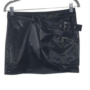 WEWOREWHAT Black Patent Leather Wrap Mini Skirt XS Buckle Detail